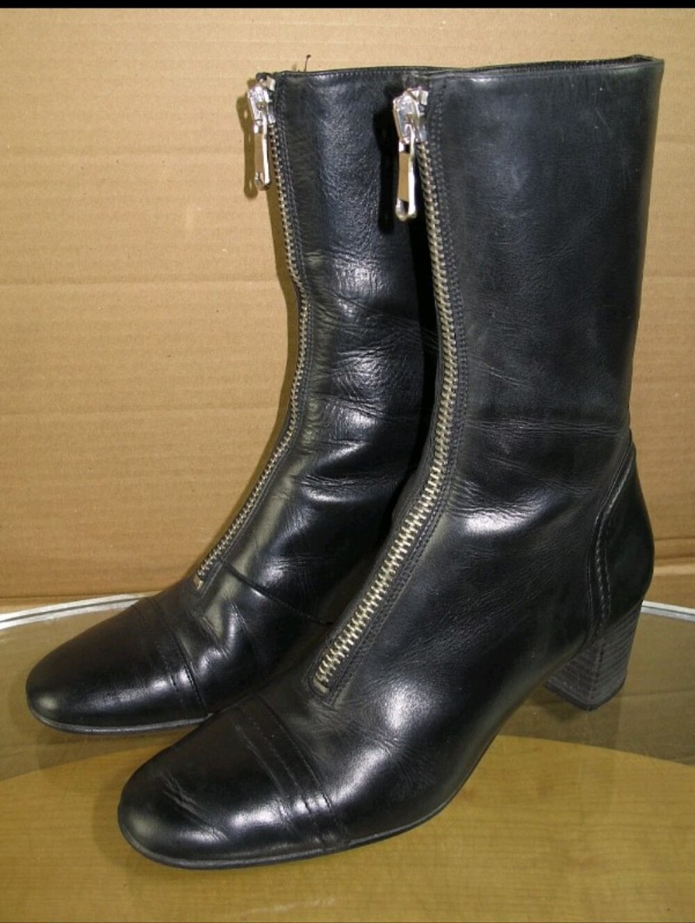 Zara Woman Boots Mid Calf Front Zip Cap Toe Black Leather Women's Eu 40/ US 9